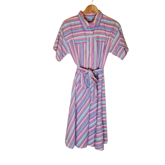 Pink Bubblegum White, Blue and Purple Striped 80s Short Sleeve Shirt Dress - Picture 3 of 15